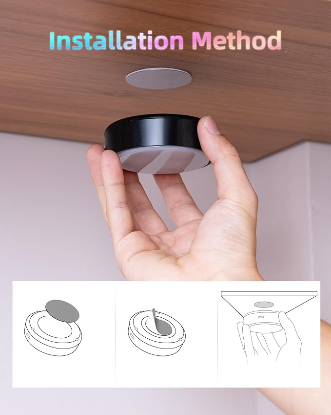 HOLKPOILOT Puck Lights with Remote, 2000mAh Battery Operated Rechargeable Under Cabinet Lighting, 3 Color Temps & 7 RGB Colors, Magnetic Closet Light, Black Wireless Puck Light for Kitchen, Shelf.