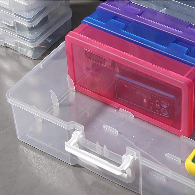 Novelinks Stackable Plastic Clear Storage Box Containers with Latching Lid - Art Craft Supply Organizer Storage Containers for Pencil Box,Crayon, Jewelry (6 Pack Medium Colorful+6 Pack Small Clear)