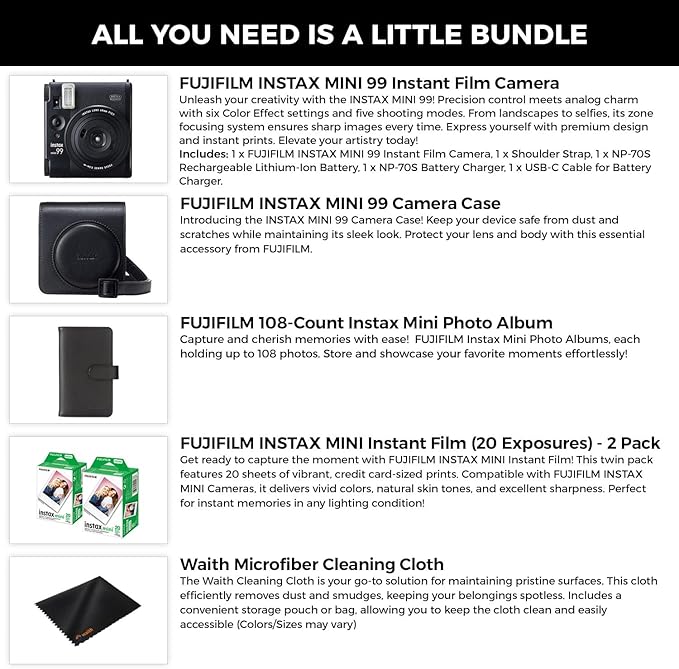 Fujifilm Instax Mini 99 Instant Film Camera with Instax Mini 99 Camera Case, Photo Album (108 Count) 2 Pack of Instant Film 40 Sheets Total Essential Bundle Set