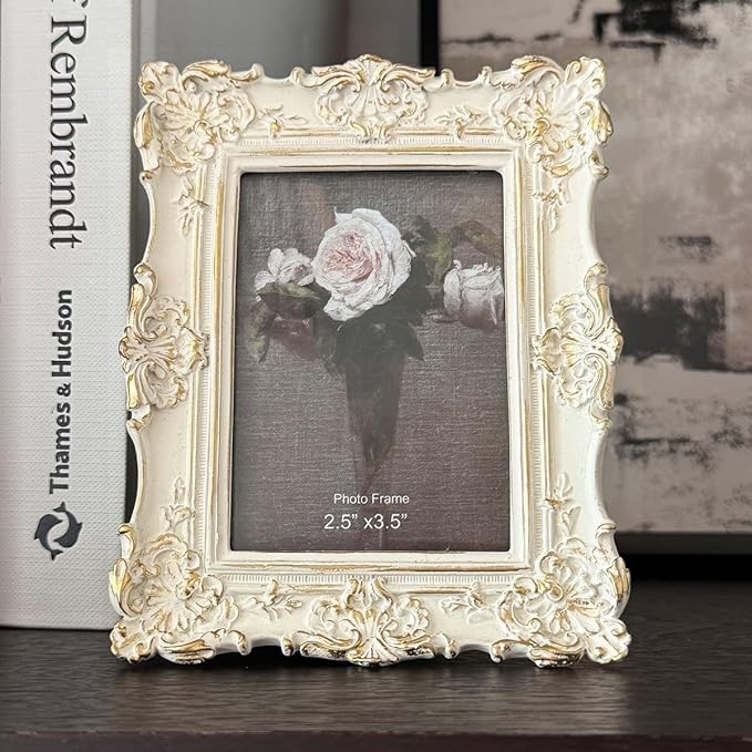 CISOO 2.5x3.5 Vintage Small Picture Frame, Antique Ornate White with Gold Wallet Size Photo Frame, for Table Top and Wall Display, Decorative Floral Design Retro Home Decor, Photo Gallery Art