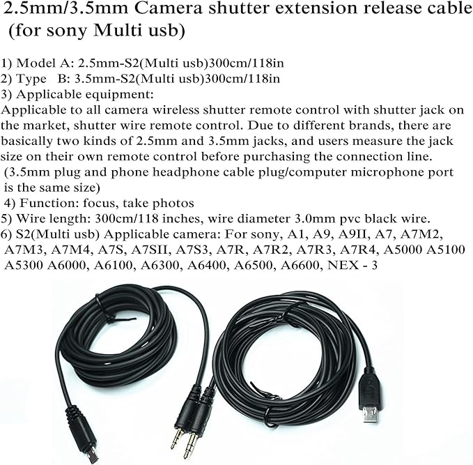 300cm Extension Cable vpr1 3.5mm-Multi Shutter Release Cable for Sony Cameras to Connect The Shutter Remote Control Wireless/Also Available for PocketWizard Plus III II MultiMAX (3.5-S2 118in/3m)