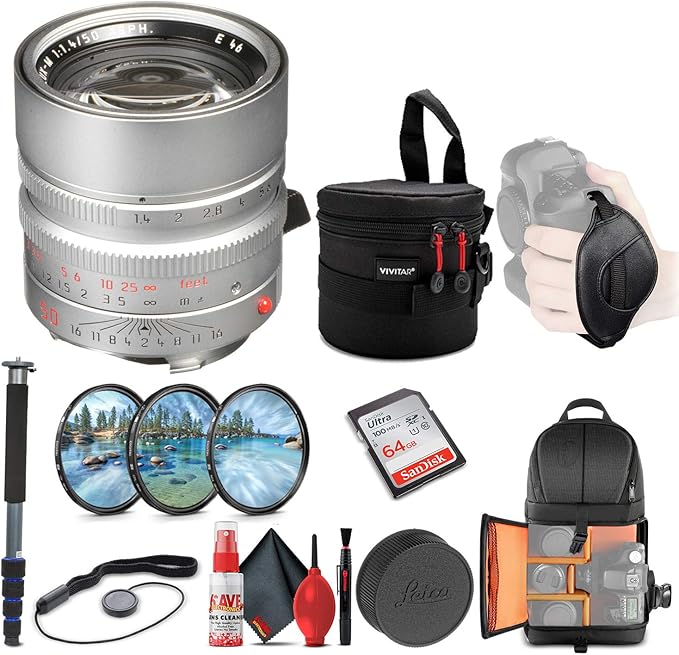Leica Summilux-M 50mm f/1.4 ASPH. Lens (Silver) (11892) + 64GB Memory Card + Padded Lens Case + Filter Kit + Backpack + Full Size Monopod + Cleaning Set + Cap Keeper + Hand Strap