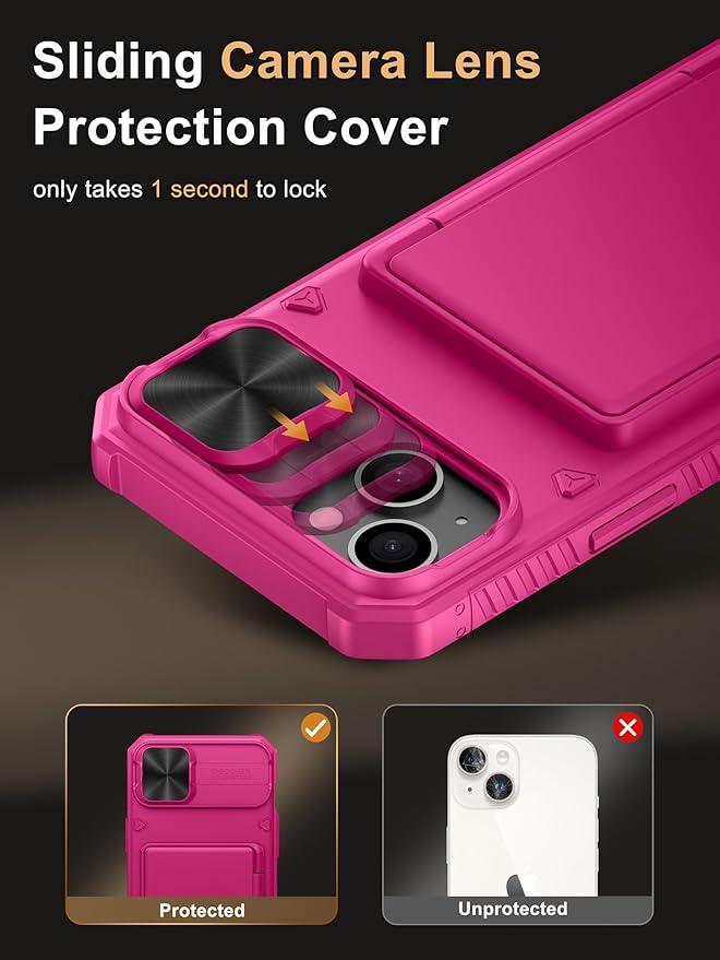 Vihibii for 15 Plus/iPhone 14 Plus Wallet Case with Card Holder (4 Cards), [RFID Blocking] & Slide Camera Cover & Raised Edges Protect Screen, Heavy Duty Case for iPhone 15 Plus/ 14 Plus, Hot Pink
