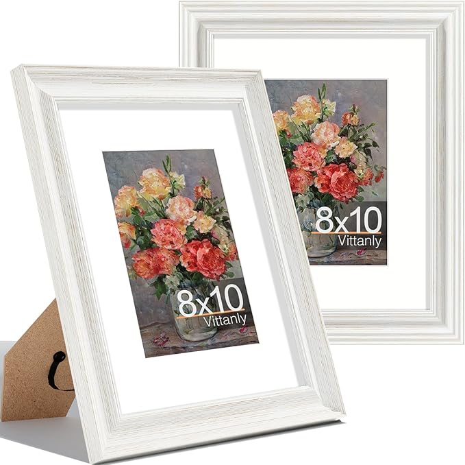 Vittanly 8x10 Picture Frames Set of 2, Ornate Vintage Photo Frame for Wall or Tabletop, Display 5x7 Pictures with Mat or 8x10 without Mat, Rustic White