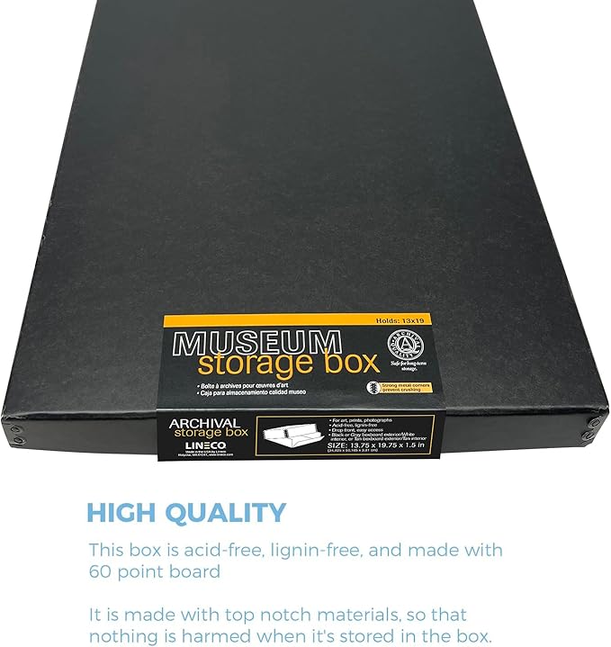 Lineco Museum Archival Storage Box, 13.75x19.75x1.5 in. Drop Front Design. Acid-Free with Metal Edge. Organize Photos, Pictures, Prints, Documents, Crafts, DIY. Black, 1 Pack