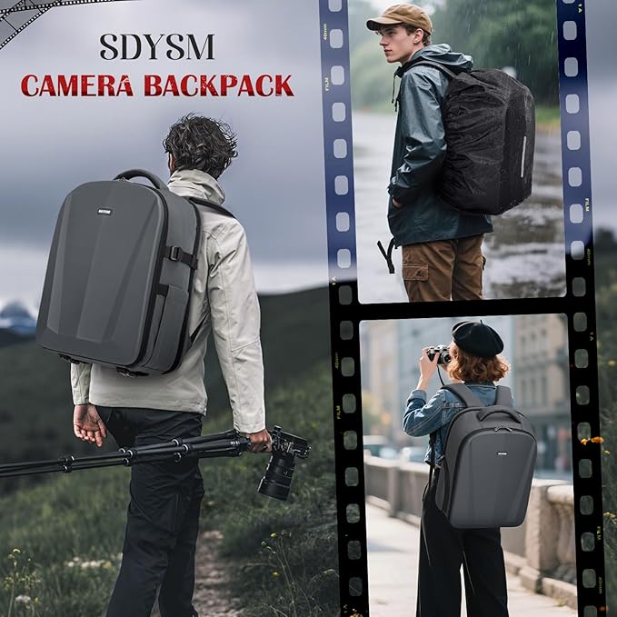 SDYSM Camera Backpack, Hardshell DSLR/SLR Camera Bag with Lens Pouch & 15.6" Laptop Compartment Waterproof Camera Case with Rain Cover Photography Backpack Compatible for Canon/Nikon/Sony/Drone,Gray