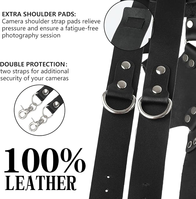 Bebaimis Dual Camera Harness Strap for Two-Cameras,Dual Shoulder Leather Camera Strap,Double Camera Harness for DSLR/SLR