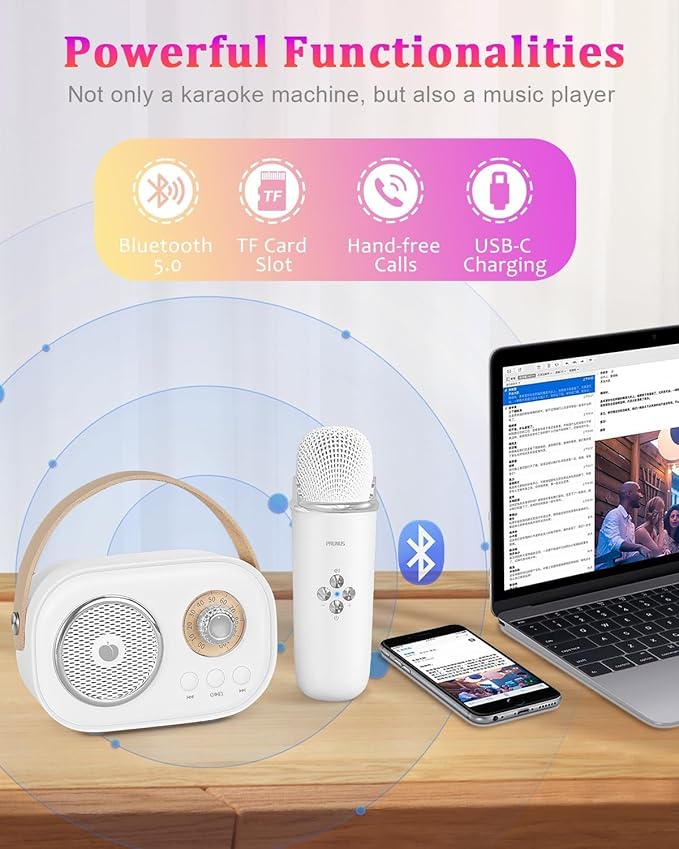PRUNUS C20 Mini Karaoke Machine,Valentines Day Gifts for Her Him Kids Mens,Portable Bluetooth Speaker with 2 Wireless Microphone for Boys Girls 3-12+ Years Old Birthday Party White