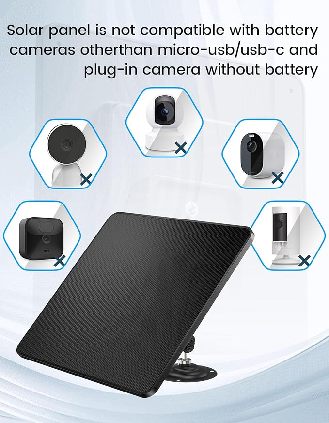 KJK 6W Solar Panels for Security Camera, Solar Battery Charger with Micro USB & USB-C Port for DC 5V Outdoor Rechargeable for Ring Camera, IP66 Waterproof, 360° Adjustable Security Mount