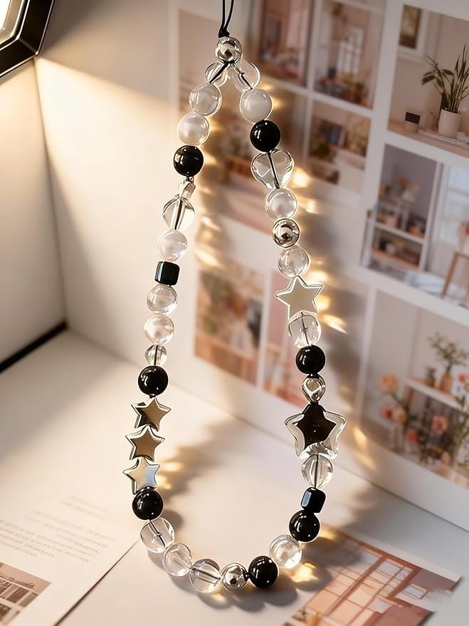 2 Pcs Phone Charm Strap Hand for iPhone Wrist Strap Camera Lanyard Pearl Beaded Cute Chain String Accessories Universal for iPhone 17 Pro Max 16 15 Samsung Women Girls Keychain Silver and Black Star