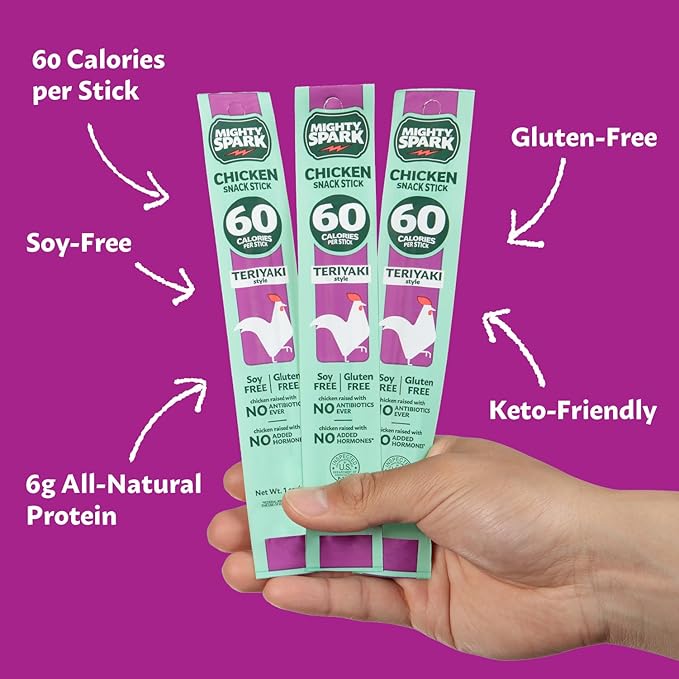 Mighty Spark Chicken Snack Sticks - Teriyaki - 5g of Protein, No Hormones Added, Gluten Free, Soy Free Meat Sticks - High Protein Keto Snacks, Weight Watchers Approved Snacks - 48 Count
