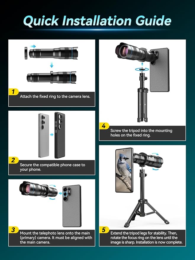 APEXEL 36x Telephoto Lens Compatible with Samsung Galaxy S25 Ultra | Photography for Travel, Birdwatching, Exploration | Kit with Sturdy Metal Tripod and Threaded Phone Case