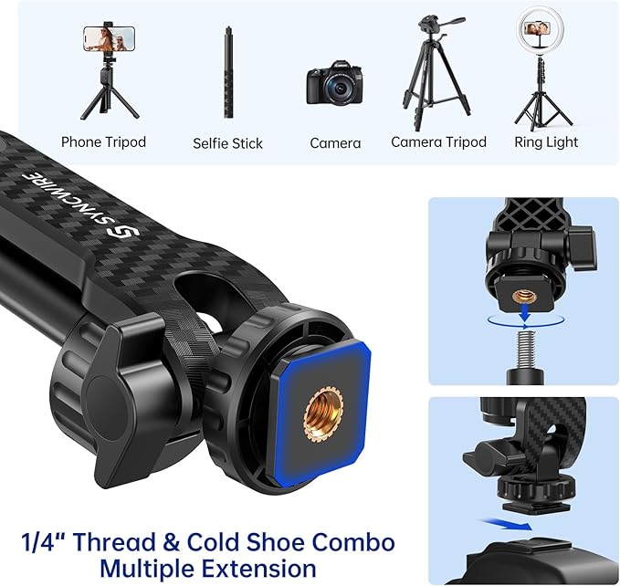 SYNCWIRE Tripod Phone Mount, Universal Smartphone Mount Adapter with 2 Cold Shoe and 1/4" Screw, 360° Rotates and 180° Tilts Adjustable Cell Phone Clamp Holder for Enhancing Mobile Photography Setup
