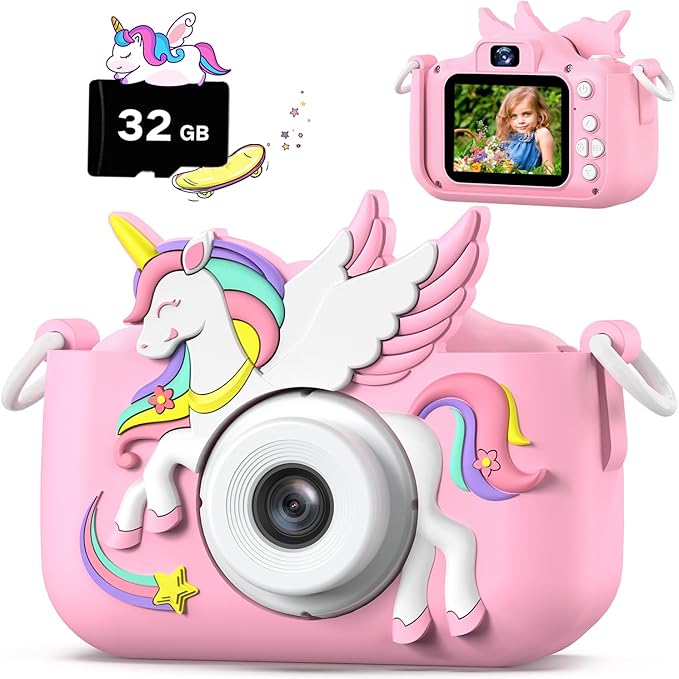 Upgrade Kids Camera for Boys Girls, Toddler Digital Selfie Camera with Cute Protective Cover and 32G SD Card, Christmas Birthday Gifts Toys for 3 4 5 6 7 8 9 10 11 12 Years Old Little Girls and Boys