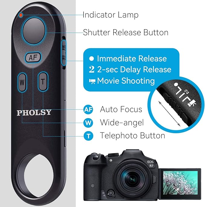 PHOLSY BR-E1 Bluetooth Camera Wireless Remote Control Compatible with Canon R7, R10, R3, R5, R6ii, R8, 90D, 200D, 200DII, 250D, 6DII, 77D, 800D, 850D, M6ii, M50, M50-II, M200, G5X-II, G7X-III, SX70HS