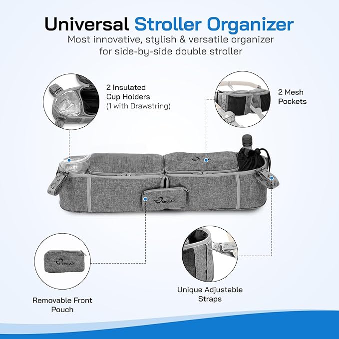 StrollAir Double Parent Stroller Organizer with Insulated Cup Holder Caddy - Universal Fit for Mountain Buggy, Twin Way, Bob Duallie, Baby Jogger City Mini GT (Grey)