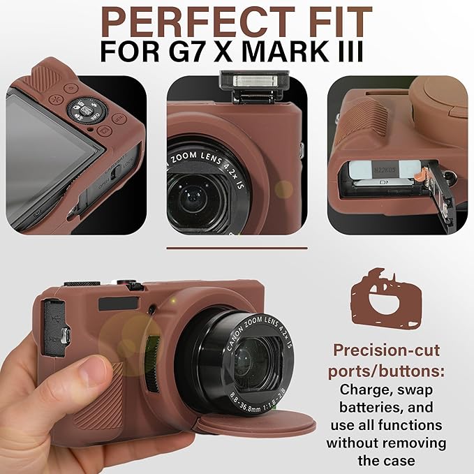 STSEETOP Camera Case for Canon PowerShot G7X Mark III - Protective Silicone DSLR Skin with Lens Cover, Detachable Cage, Shockproof, Dustproof (Brown)