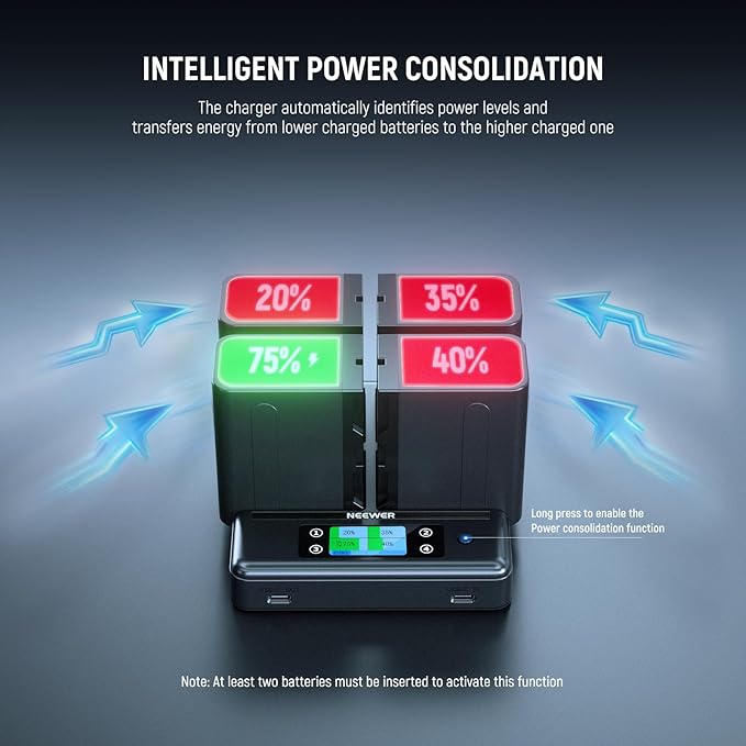 NEEWER NP-F970 4 Channel Charger with Smart Power Consolidation Compatible with Sony NP-F550 750 Camcorder NPF Camera Battery, PD100W Fast Charging/Dual USB C/OLED Display/100W Type C Cable, NW-F4R