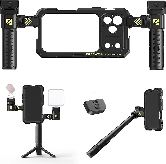 Freewell Genius Rig Cage for iPhone 17 Pro Max - Tool-Free Setup, Multifunctional Tripod and Monopod Handles, Bluetooth Remote