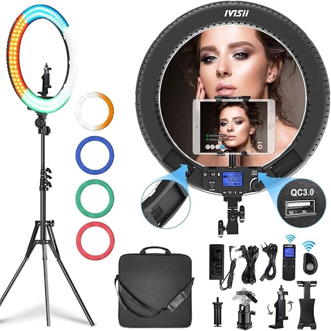 19 inch Ring Light with Remote Controller and Stand ipad Holder,60W Bi-Color with 4 Color Soft Filters for Live Stream/Makeup/YouTube Video/TikTok/Zoom/Photography