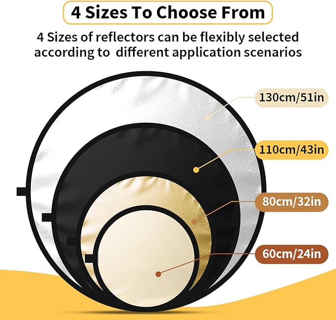 24/32/43/52in Light Reflectors for Photography, 5 in 1 Light Diffuser with Panel & Bag Reflector Photography, Ideal for Content Creator Essentials&Photographer in Silver,Gold,White and Black