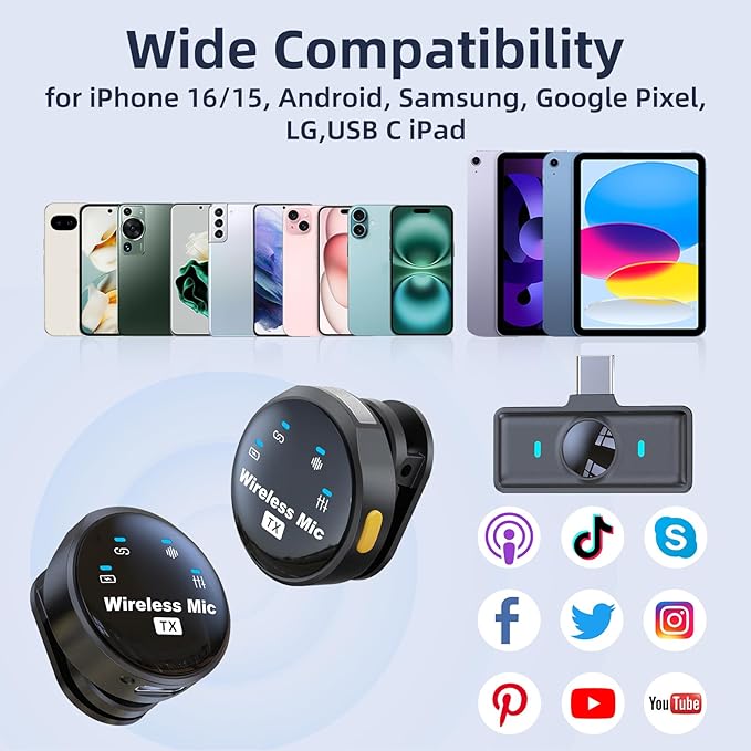 Wireless Lavalier Microphone for iPhone 17 16 15 Android, Noise Canceling USB C Lapel Microphones Clip on Mic with Charging Case for Video Recording Vlogging TikTok