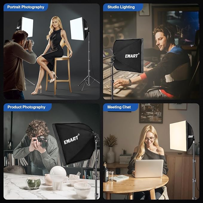 EMART Softbox Lighting Kit, 16"X16" Soft Box, 3000K-6000K 85W LED Bulbs with Remote, 65" Tripod, Professional Softbox Photography Lighting Kit for Studio Lights, Portrait, Video Recording(1PACK)