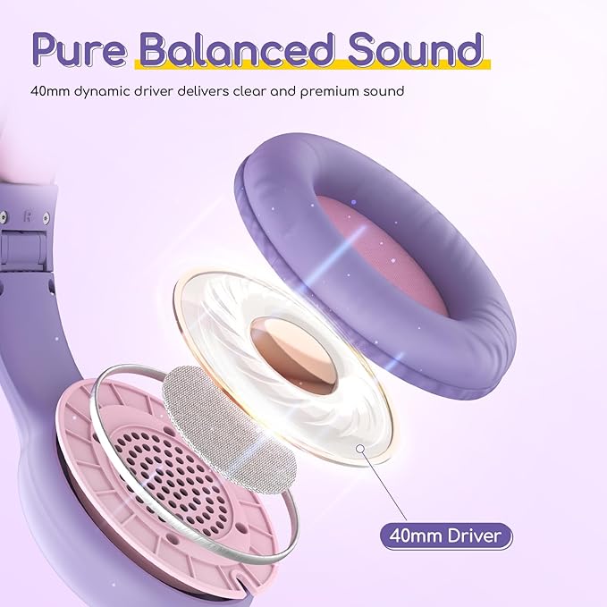 EarFun Kids Headphones Wired with Microphone, 85/94dB Volume Limit Headphones for Kids, Portable Wired Headphone with Shareport, Stereo Sound Foldable Headset for School/Tablet/iPad, Violet Pink
