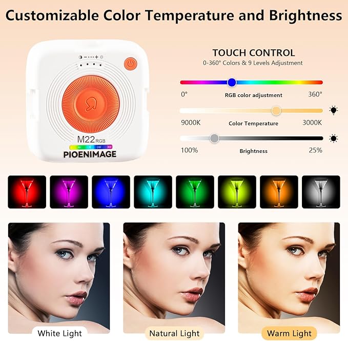 RGB Video Lights, Portable Camera Lights, LED Camera Light with Quick Release Cold Shoe Adapter and Clip, RGB Small Lamp, 3000-9000K 360° Full Color Photography Lighting for Camera, White