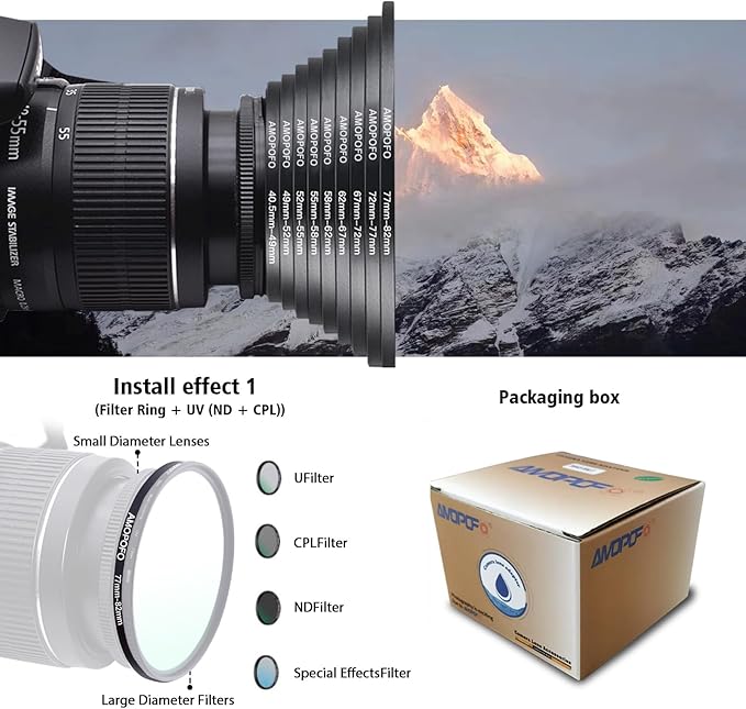 9 Pieces Lens Adapter Set,Camera Lens Filter Ring40.5-49mm/49-52mm/52-55mm/55-58mm/58-62mm/62-67mm/67-72mm/72-77mm/77-82mm(9pcs Step Up Ring Set)
