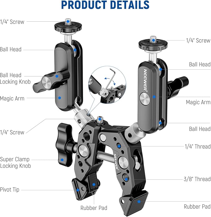 NEEWER Heavy Duty Super Clamp with Two 360° Dual Ball Head Magic Arms, 1/4" 3/8" Screw Threads, Phone & Action Camera Mount Adapter for Flat/Round Surface Compatible with GoPro DJI Insta360 DSLR