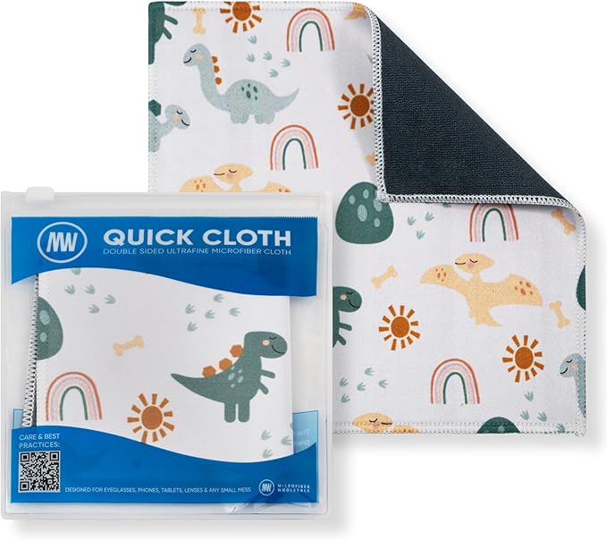Quick Cloth Microfiber Glasses Cleaning Cloths – 8x8, Dinosaurs, 1 Pack with Case | Double-Sided Lens Cleaner for Eyeglasses, Camera, Screens & Glass | Reusable Microfiber Glass Polishing Cloths