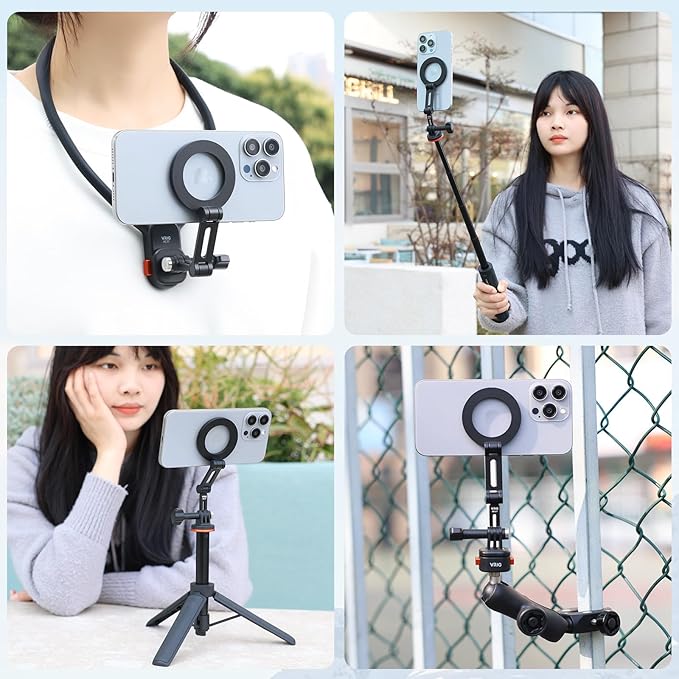 VRIG Magnetic Phone Tripod Mount for Mag Safe, MG-27 Three-Section Foldable Tripods Phone Holder Cellphone Attachment for Tripod/Neck Mount, for iPhone 16 15 14 13 12