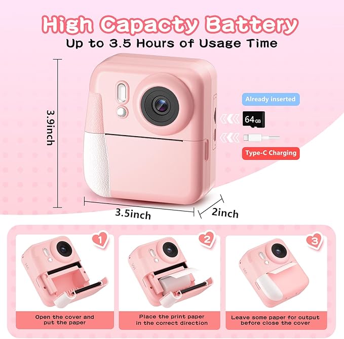 Kids Camera Instant Print Color Photos, Dual-Lens Instant Print Camera for Kids, Toddler Portable Travel Digital Camera Toy for 6 7 8 Year Old Boys Girls Christmas Birthday Gifts 64GB Card