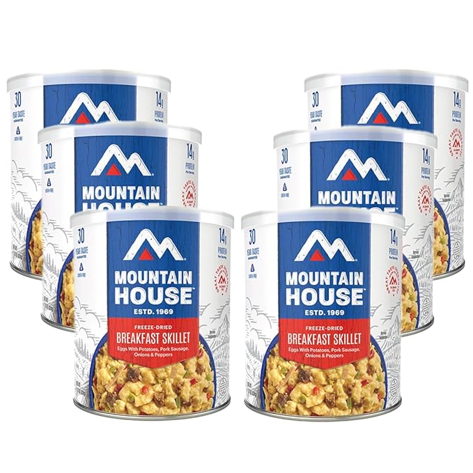 Mountain House Breakfast Skillet Freeze-Dried Meal #10 Can – 8 Servings – Gluten-Free Survival Food with Eggs, Potatoes & Sausage – Emergency & Long-Term Storage Meal – 30-Year Shelf Life – Camping, Hiking & Disaster Prep – Pack of 6 – Made in USA