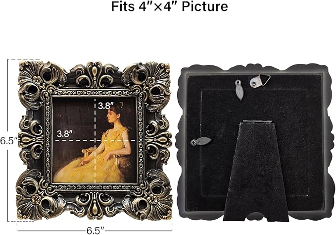 CISOO 4x4 Vintage Small Picture Frame, Antique Ornate Black and Gold Square Photo Frame, for Table Top and Wall Display, Decorative Floral Design Retro Home Decor, Photo Gallery Art