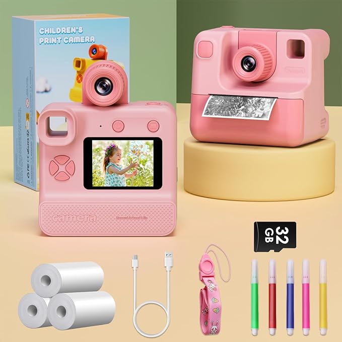 Instant Print Camera for Kids, 1080P Kids Instant Cameras,HD Selfie Digital Video Cameras Toddler 3 Rolls Print Paper & 32G Card,Christams Birthday Gifts for Girls Boys Age 5 6 7 8 9 10