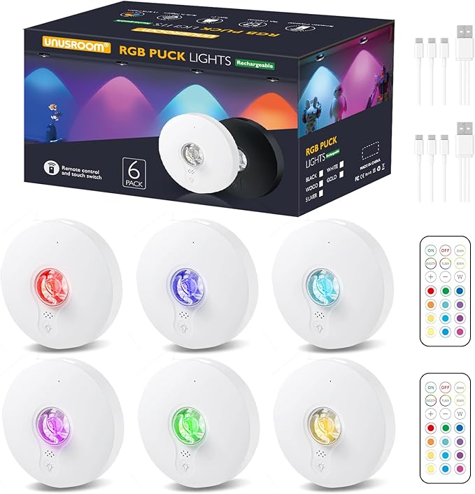 Rechargeable RGB Puck Lights,13 Colors Changeable LED Puck Lightings Remote Controls,6Pack LED Under Cabinet Counter Lighting,Battery Operated Tap Lights,Dimmable Wireless Closet lights for Kitchen