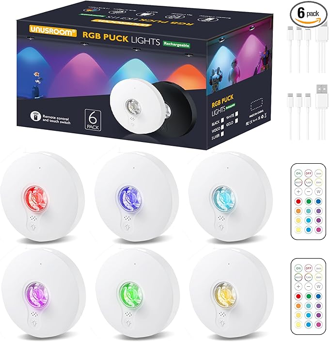 Rechargeable RGB Puck Lights,13 Colors Changeable LED Puck Lightings Remote Controls,6Pack LED Under Cabinet Counter Lighting,Battery Operated Tap Lights,Dimmable Wireless Closet lights for Kitchen