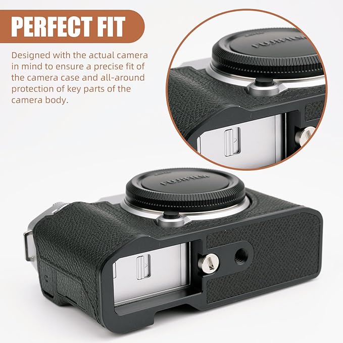 Handmade Genuine Leather Camera Half Case for Fujifilm X-M5/Fujifilm X-M5 Case - Top Layer Cowhide Body + Metal Base Plate (Black & Black Link)