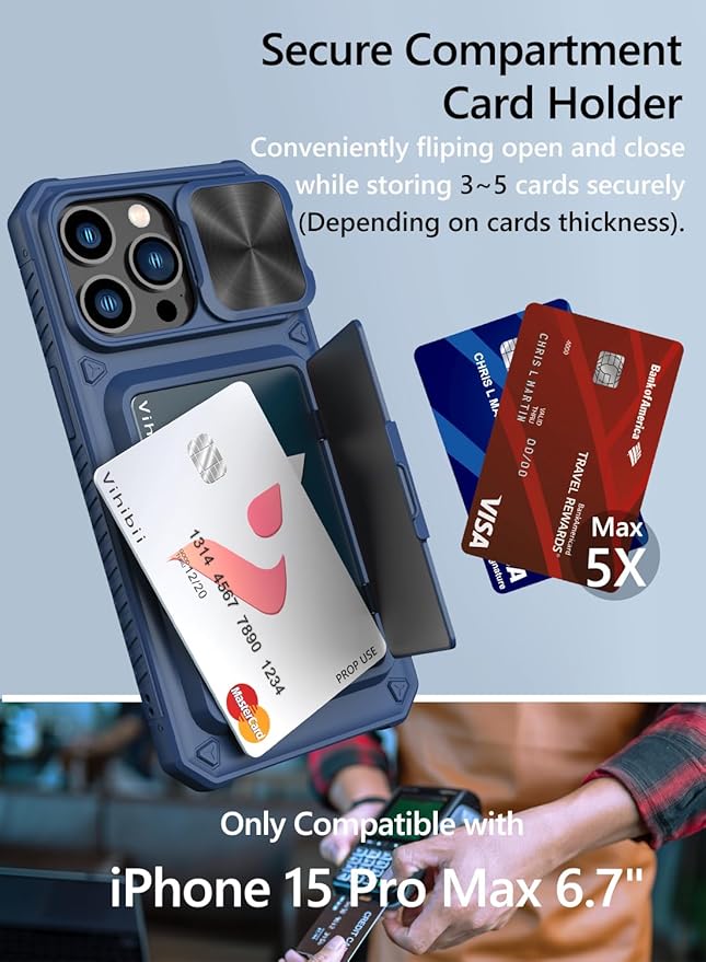 Vihibii for iPhone 15 Pro Max Wallet Case with Card Holder (4 Cards) & Slide Lens Protective Cover & Kickstand & Raised Edges Protect Screen, Shockproof Rugged Case for iPhone 15 Pro Max 6.7", Blue