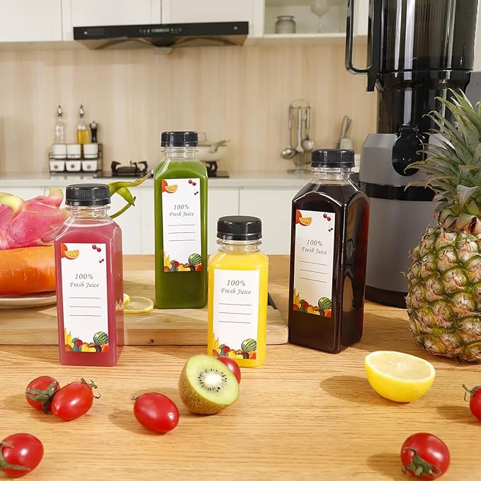 OBKJJ 40 pcs 12oz Pcs Juice Bottles, Juice Bottle with Caps Reusable Empty Clear Bottles with Label, Funnel, Brush Bulk Beverage Containers for Juicing, Drinking, Smoothie and Other Beverages (12-OZ)