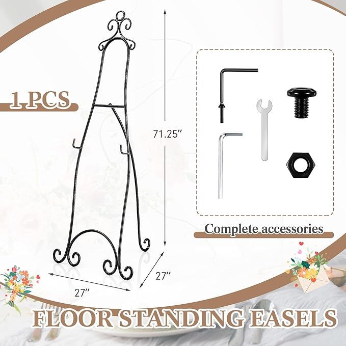 1 Pcs 71.25"H Extra Large Wedding Black Metal Scroll Easel Stand Floor-Standing Vintage Rustic Adjustable Display Stand Easel with Chain Support for Sign Wedding Picture Poster Frame Mirror