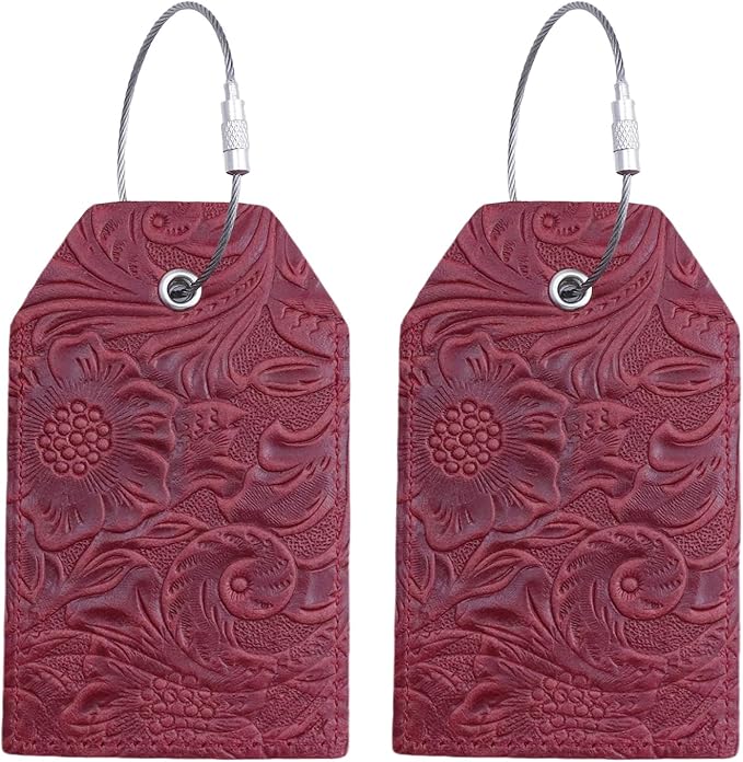 Genuine Leather Set of 2 Luggage Tag with Full Back Privacy Name ID Card Stainless Steel Loop Suitcase Labels Identifiers Baggage Tags Luggage for Women Men Travel (Wine Red Flower)