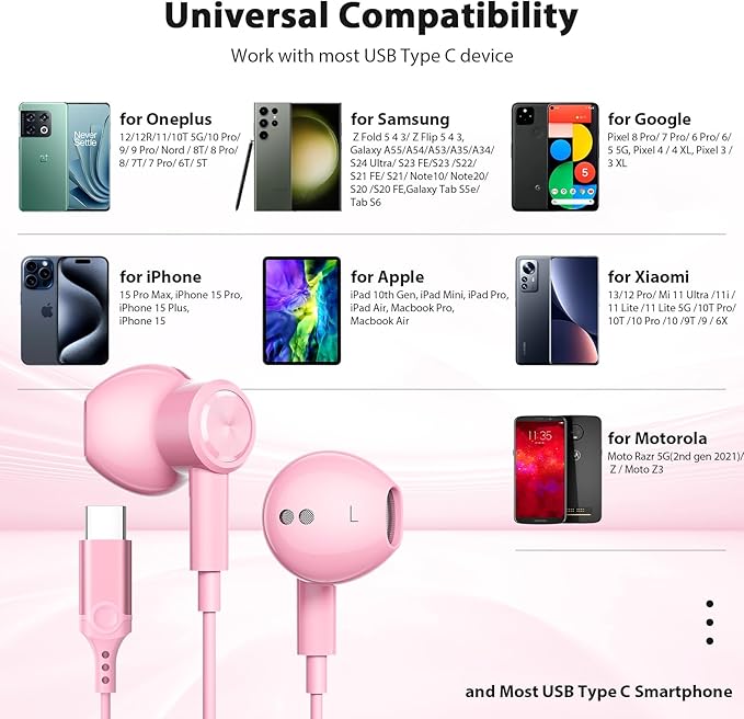 USB C Headphones with Microphone for iPhone 17 Pro Max 17e 16e 16 15 Plus,Type-C Headphones for Google Pixel 10a Wired Earbuds Magnetic Sport Earphone for iPad/OnePlus 15/Samsung S26 S25 Flip 6 Fold 7