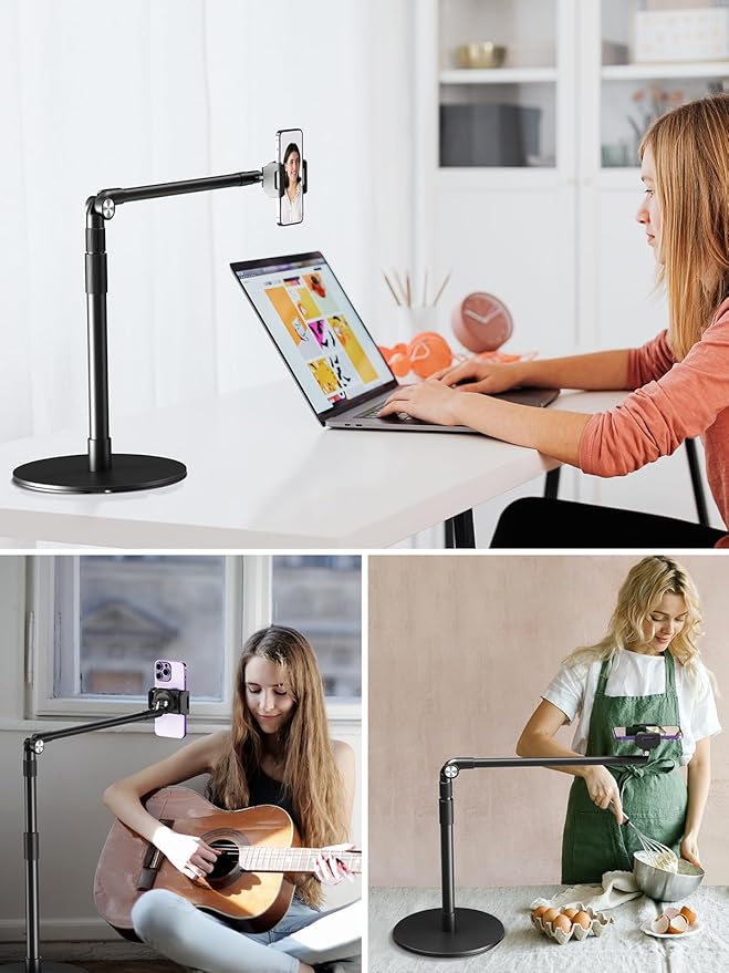 elitehood Heavy Duty Aluminum Overhead Phone Stand, 15 in Long Arm iPhone Holder for Video Recording, 360 Degrees Swivel Tilt Overhead Phone Mount for Filming, Meeting, Cooking, Painting and Crafting