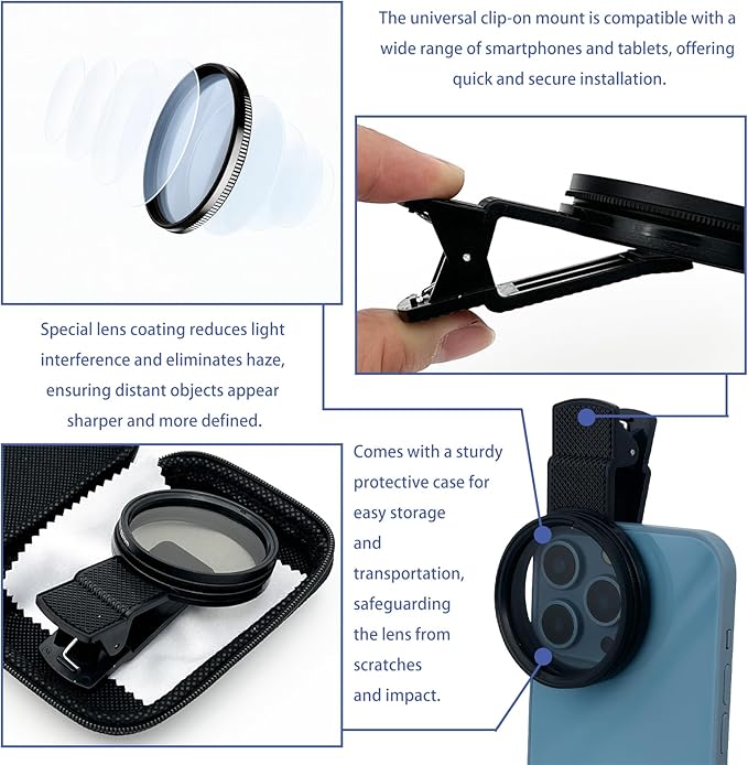 52mm Clip-On Circular Polarizer (CPL) Lens Filter Kit – Professional Phone Camera Filter for iPhone 17–11 & Compatible DSLR Cameras