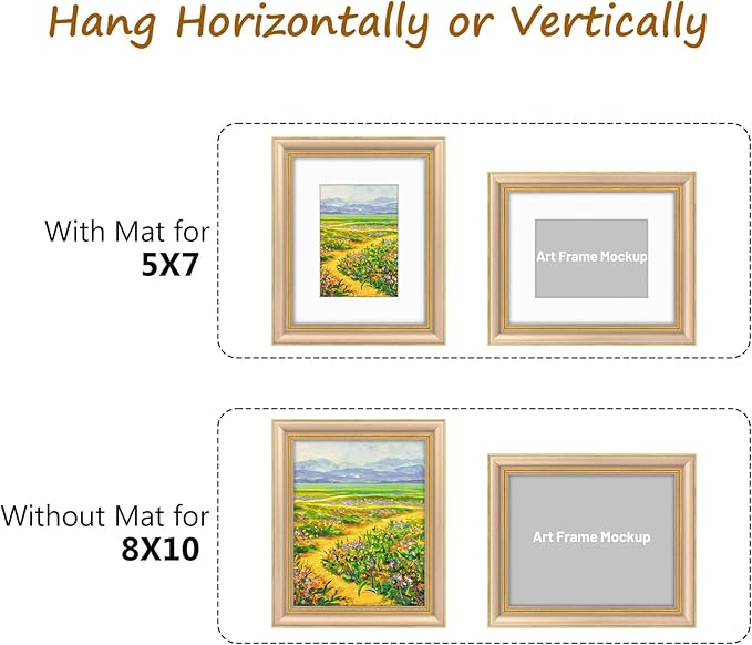 Golden State Art,8x10 Ornate Picture Frame for 5x7 Photo with Mat or 8 x 10 Prints Without Mat, Real Glass Wall & Tabletop Display Horizontally or Vertically (Color:Champagne Gold)