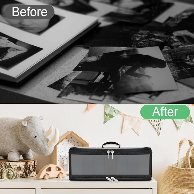 Bluedale Photo Storage Box with 10 Inner 4" x 6" Black Photo Cases, Waterproof Craft Keeper with Handle, Organizer Container Box with 1 Sheet Label Sticker for Picture Seeds Craft Supplies