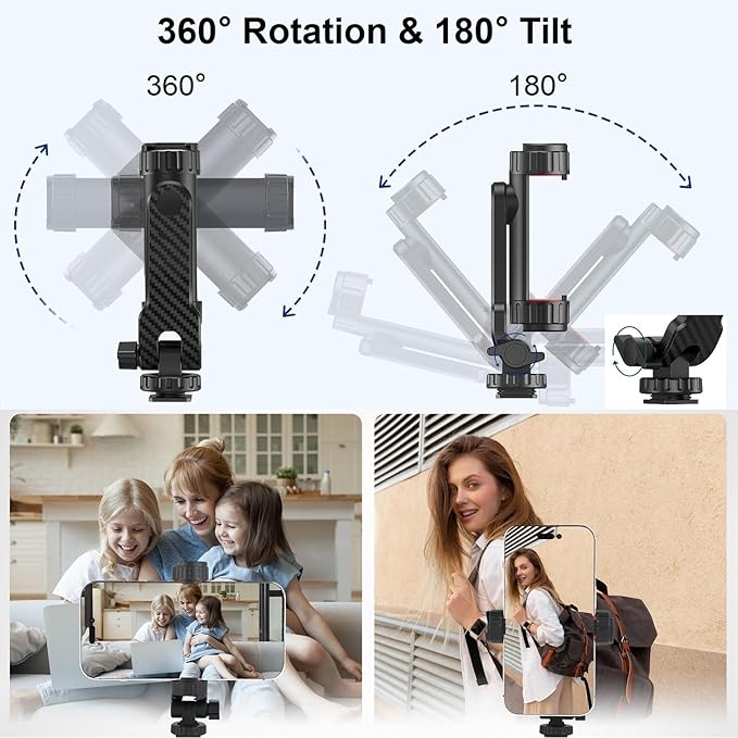 Phone Tripod Mount iPhone Holder for Tripod, Universal Smartphone Mount Adapter with 2 Cold Shoes, 360° Rotate Adjustable Cellphone Clip Clamp Holder for iPhone Android Camera